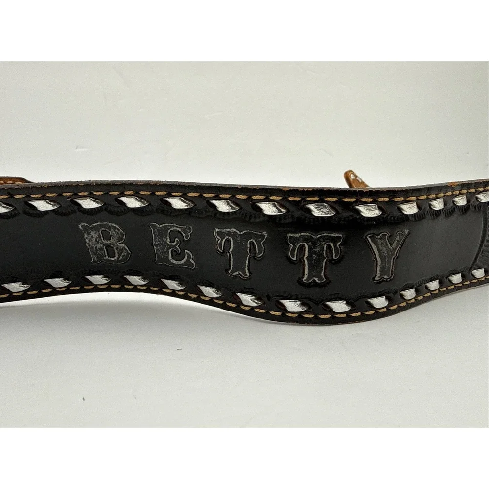 Vtg Hand Tooled Black Leather Belt Roses Embossed 